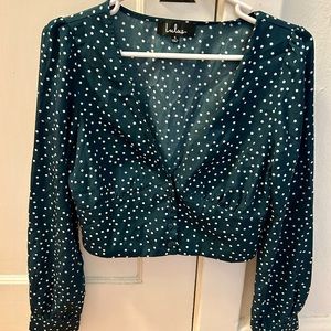 Forest Green Polka Dot Long Sleeve Crop with white polka dot print.